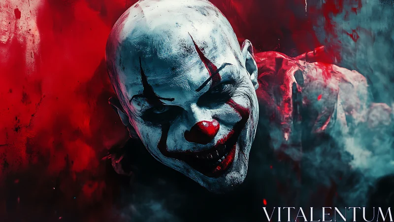 Menacing red-nosed clown drifting through smoke and shadow.