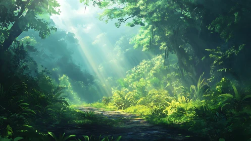 Enchanted Forest Clearing With Radiant Sunlight Piercing Through Canopy