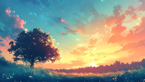 Landscape scene depicts lone tree against gradated sunset sky