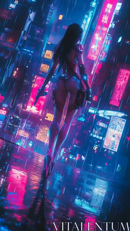 Cybernetic woman in neon city street under heavy rainfall.