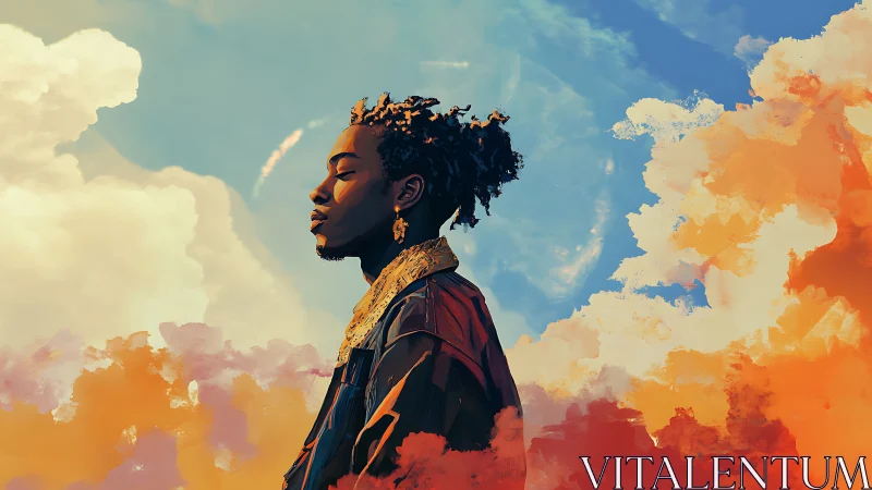 Profile portrait of person amid abstract colored clouds.