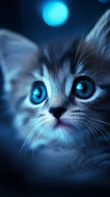 Glowing Blue Cat Under Moonlit Sky with Mystical Eyes.