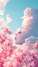Dreamy cloud maiden rests among soft pink blossoms
