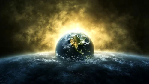Backlit terrestrial globe emerging from turbulent space horizon.