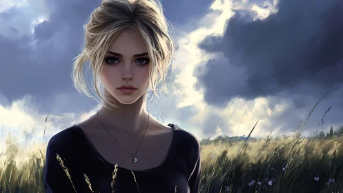 Young woman stands in backlit grass field under dense clouds