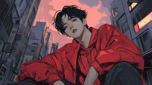 Crimson jacket claims the twilight alley like quiet royalty