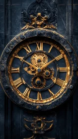 Weathered ornate clock face with exposed golden gears.