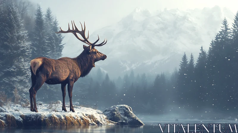 Quiet winter stag beside a misty mountain riverbank.