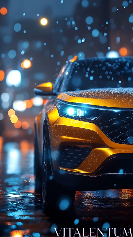 Golden SUV cuts through neon snowfall on wet night streets.