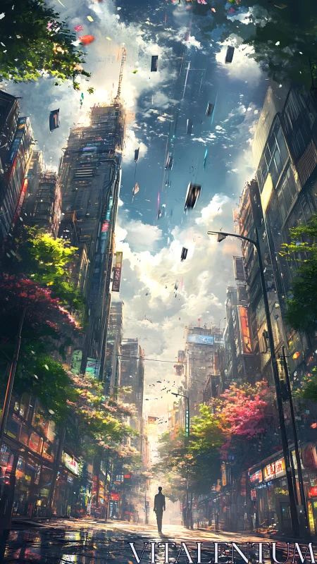 Dreamy city street glowing with falling light and color.