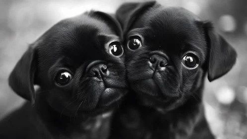 Adorable twin black pug puppies sharing one sweet cuddle.