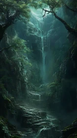 Mystical Canyon with Cascading Waterfall.