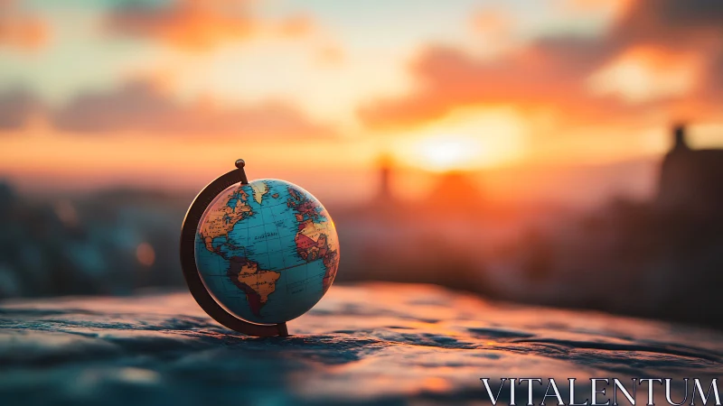 Glowing sunset cradles a tiny globe filled with gentle wanderlust