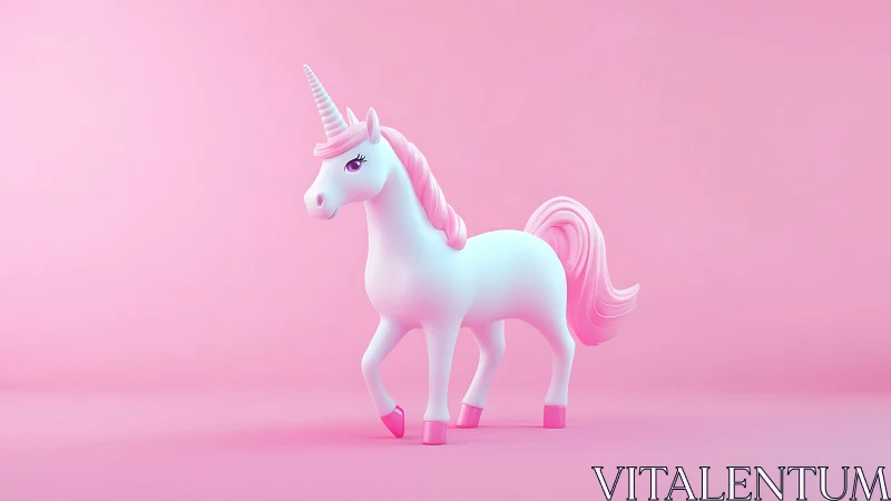 Pastel unicorn sculpture stands in soft monochrome pink space.
