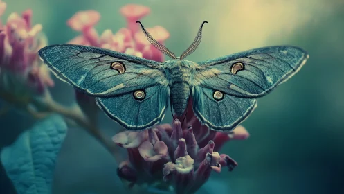 Blue moth rests on pink flower with wings fully extended