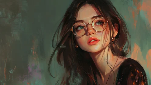 Glowing girl in round glasses, lost in brushstroke daydreams.