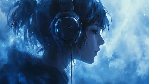 Blue-haired girl in headphones drifts through ambient light.