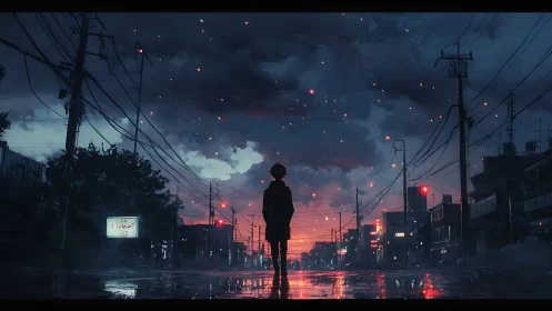 Quiet evening wanderer under a glowing stormy sky.