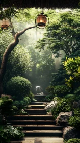 Lush stone garden path with lanterns and misty fountain.