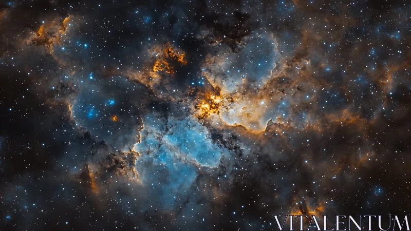 Emissive blue nebula surrounds dense golden star cluster core