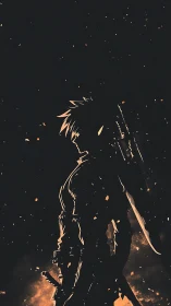 Lone anime swordsman stands defiant in burning embers night