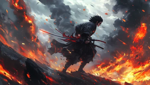 Samurai swordsman walking amid large flames and smoke.