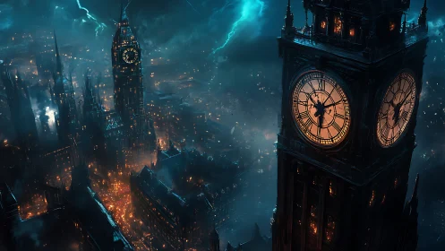 Storm-lit neo-gothic clocktowers above burning cityscape.