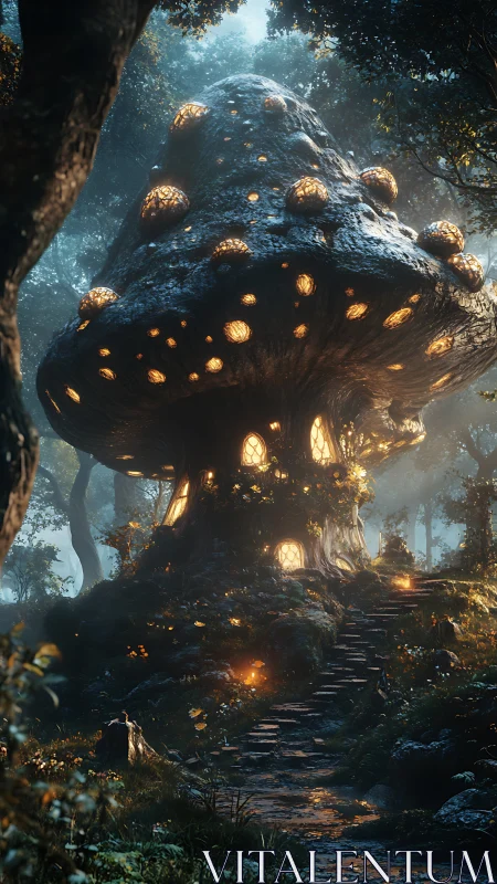 Enchanted mushroom tree house glowing in twilight forest.