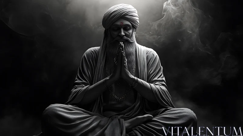 Meditating elder sits cross legged in dramatic side lighting