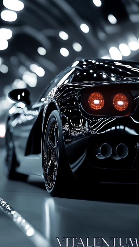 Rear view shows glossy black sports car in reflective tunnel
