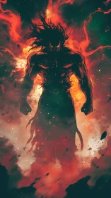 Fiery warrior silhouette emerges from swirling inferno smoke