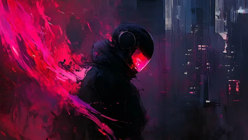 Neon visor wanderer in a moody, glowing cyber city night.