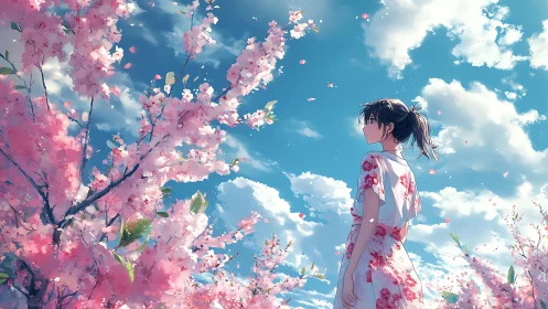 Young woman under cherry blossoms in bright daytime sky.