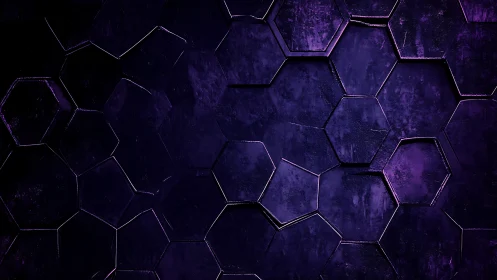 Hexagonal violet metal wall with distressed textured surfaces.