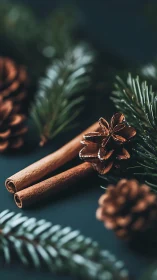 Cinnamon sticks, pine cones and fir branches arranged closely.