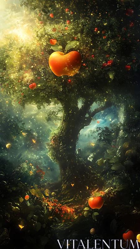 Enchanted apple tree glowing in mystical forest light.