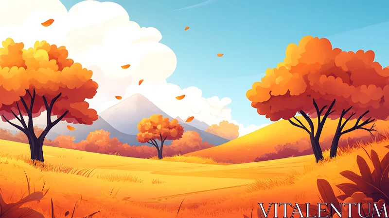 Vibrant stylized autumn valley with distant mountain peak