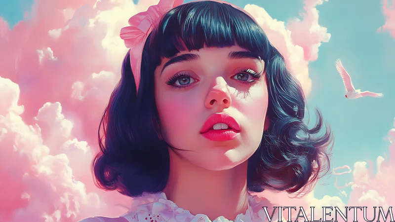 Girl with dark bob haircut stands against pastel sky clouds