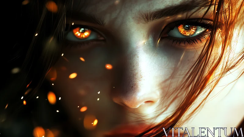 Close portrait shows female face with glowing orange eyes