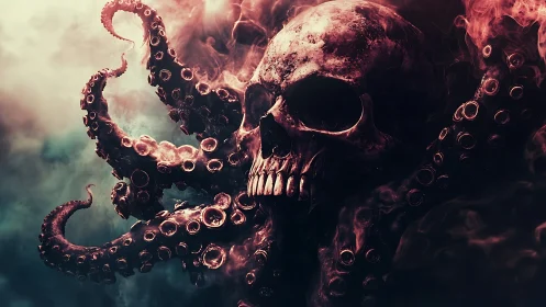 Eldritch skull entwined with crimson tentacles in fog.