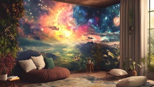 Interior lounge with panoramic cosmic landscape mural wall.