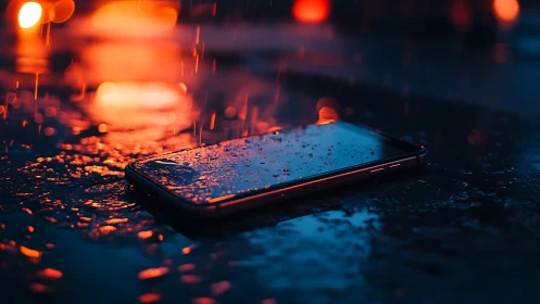 Abandoned smartphone on wet asphalt under neon city rainfall