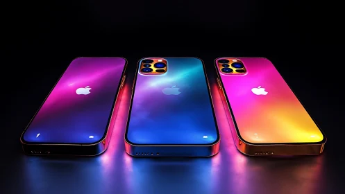 Color drenched smartphones glowing in a dark studio scene.