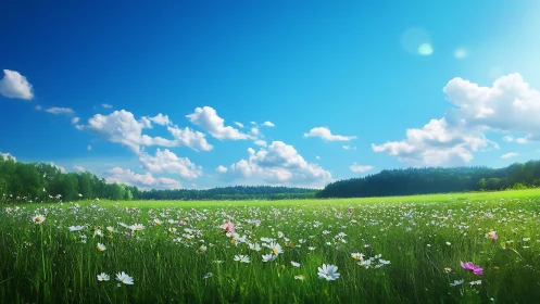 Sunlit wildflower meadow stretches under vivid blue sky.
