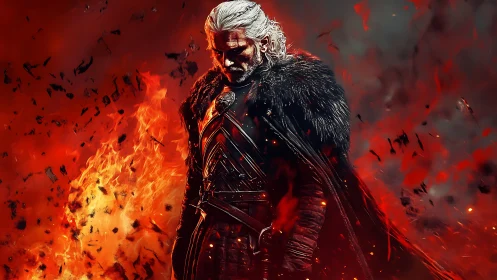 Medieval warrior in dark armor framed by intense fire.