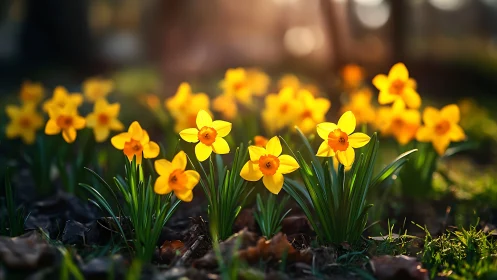 Spring daffodils bloom in garden soil with selective focus