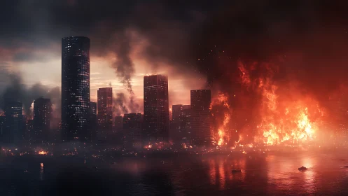 Digital painting of waterfront metropolis under catastrophic fire.