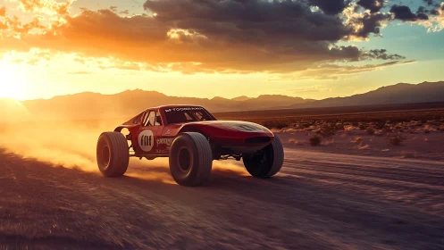 Off-road race vehicle traverses desert track at sunset