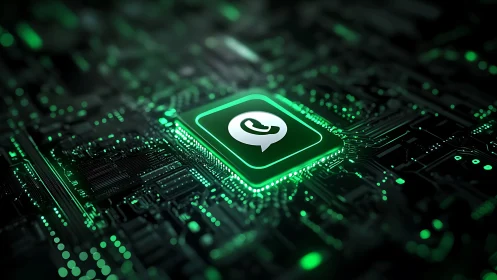Encrypted chat icon glowing over digital circuit board.