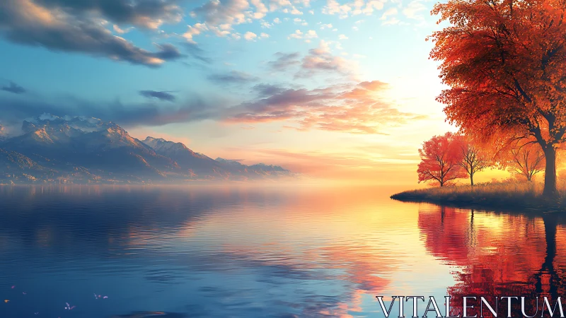 Digital landscape shows lake, autumn trees and distant mountains